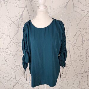Maison Cinqcent Forest Green Ruched Sleeve Round Neck Top